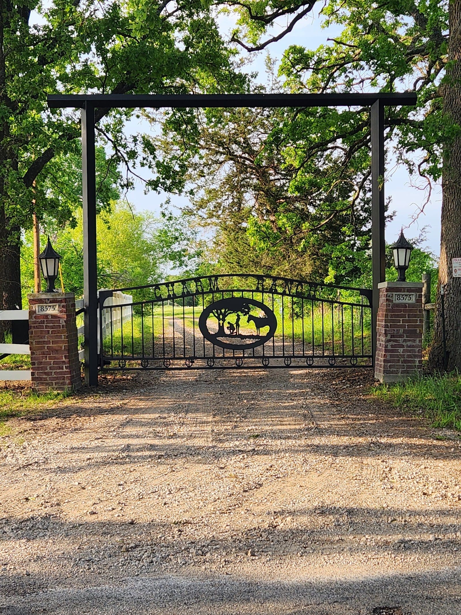 Custom ranch entrance gate standing under oak trees